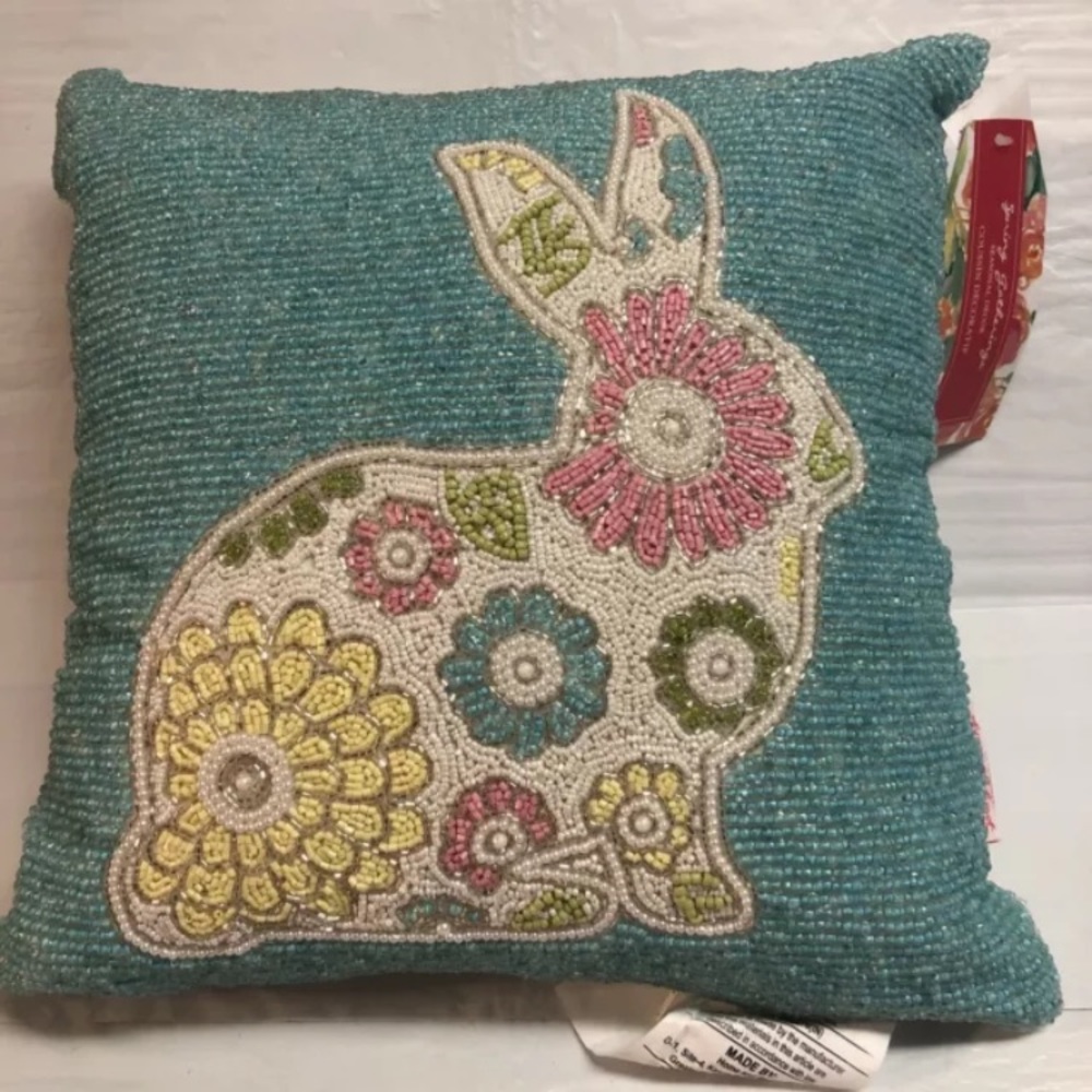 14" Easter Bunny Rabbit Turquoise Floral Beaded Square Throw Pillow Décor Spring